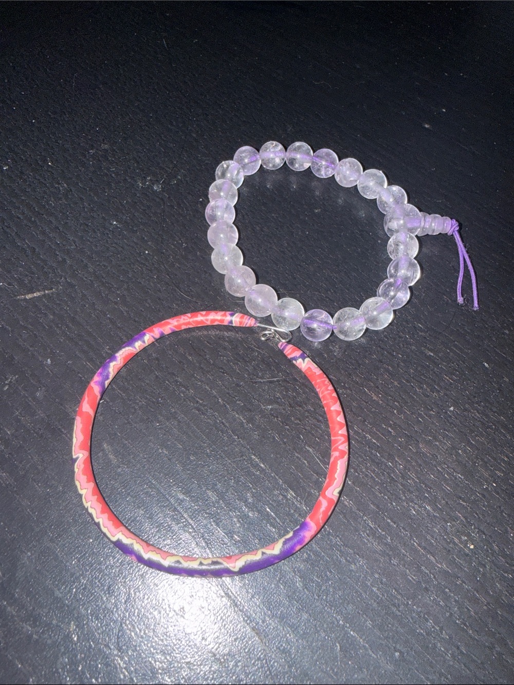 Purple Beaded Stretch Bracelet & Multicolor pink and purple Patterned Bangle